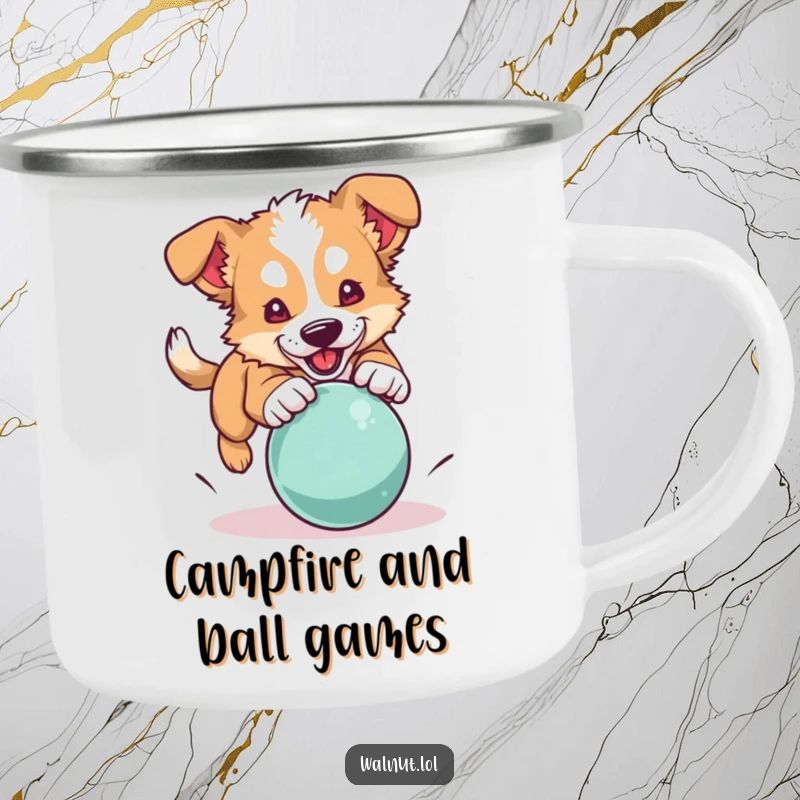 Funny dog camping mug showing a wild dog pouncing on a bouncing ball, ready for outdoor fun.