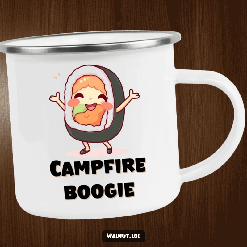 Funny Camping Mug: A beaming sushi roll character dances energetically, bringing culinary fun and humor to outdoor trips.