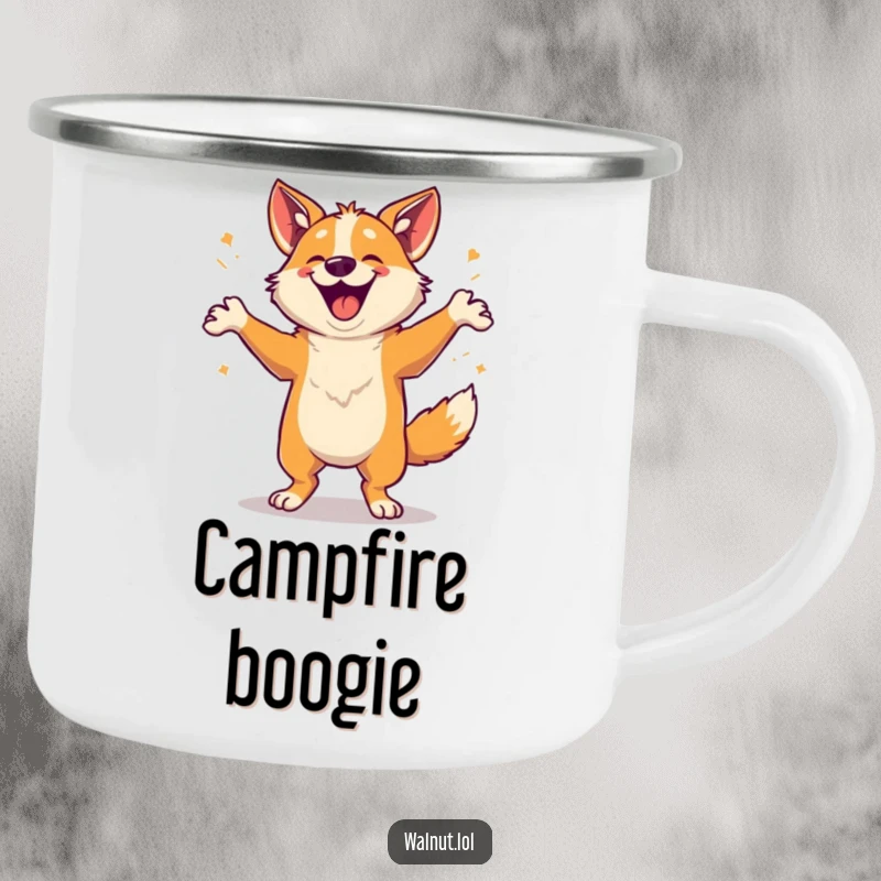 Funny Camping Mug featuring a happy dog doing a dance, perfect for enjoying drinks outdoors with pure joy.
