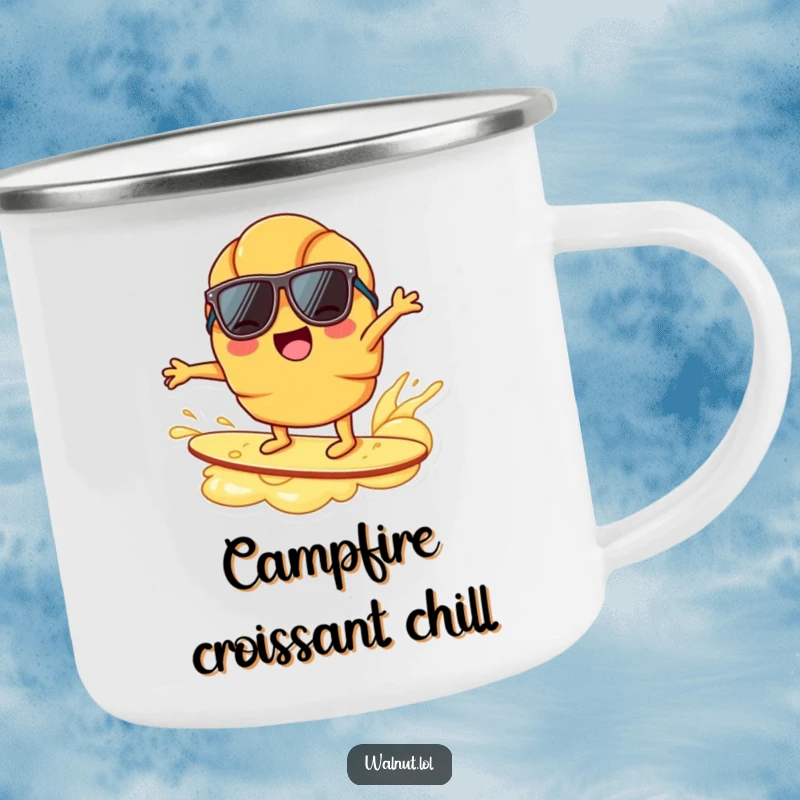 Funny joyful croissant character, sunglasses, surfing on butter ripple, breakfast humor, beach vibe, enamel camp mug funny gift.