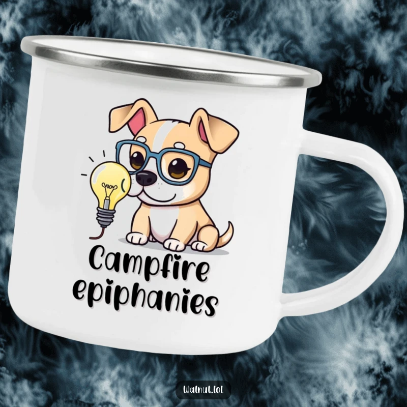 Funny Camping Mug with a resilient intelligent dog in spectacles, pondering a lightbulb. Humorous and practical for any intellectual excursion.