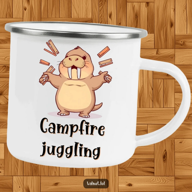 Funny camping mug depicting a walrus juggling staplers, combining outdoor utility with office-themed humor.