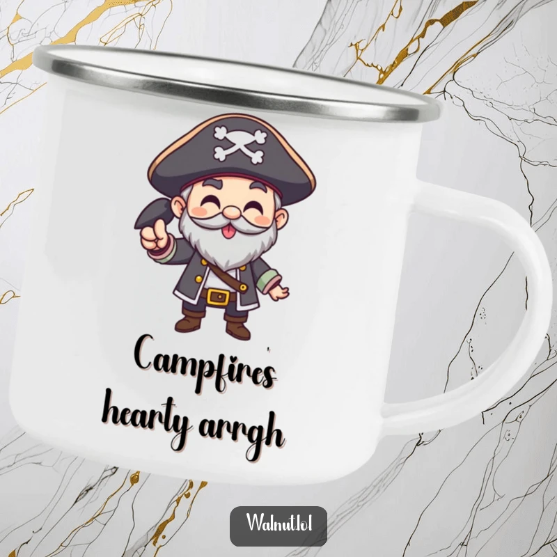 Funny Pirate Camping Mug with a character giving a hearty Arrgh! gesture, perfect for outdoor adventures and hearty greetings.