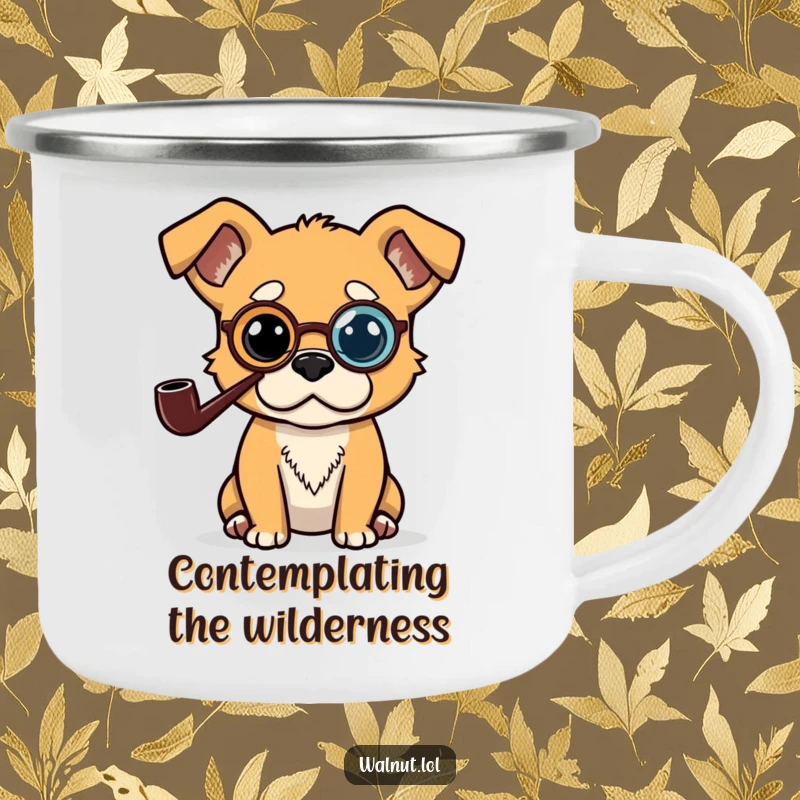Funny camping mug with a dog in a monocle and pipe, looking thoughtful by a campfire, perfect for outdoor contemplation.