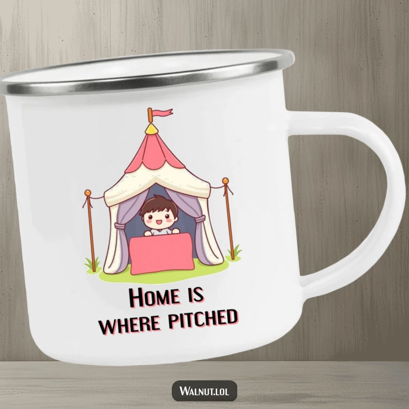 Funny Camping Mug featuring a cute character smiling while setting up a colorful tent, perfect for outdoor enjoyment.