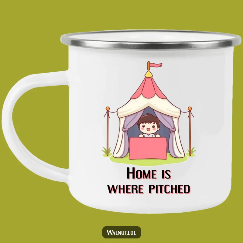 Funny Camper Mug: Cute Character's Tent Setup Adventure