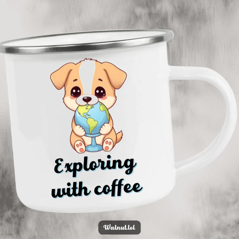 Funny camping mug with a dog holding a tiny globe with a thoughtful gaze, perfect for enjoying drinks outdoors.