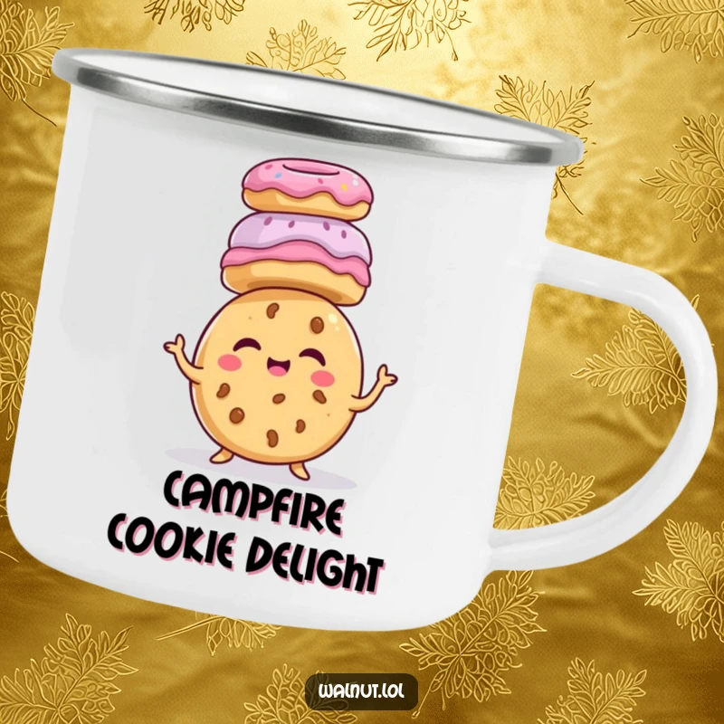 Funny giggling cookie character, balancing donuts on head, sweet treat humor, enamel camp mug, outdoor funny gift.