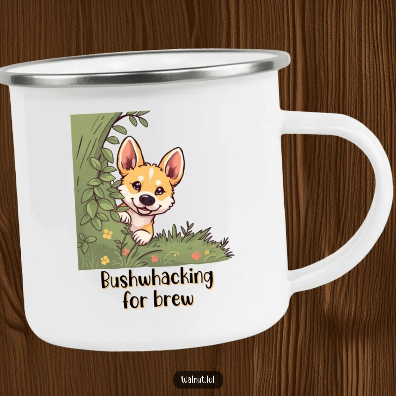 Funny dog camping mug showing a wild dog peeking from behind a bush with curiosity, perfect for outdoor use.