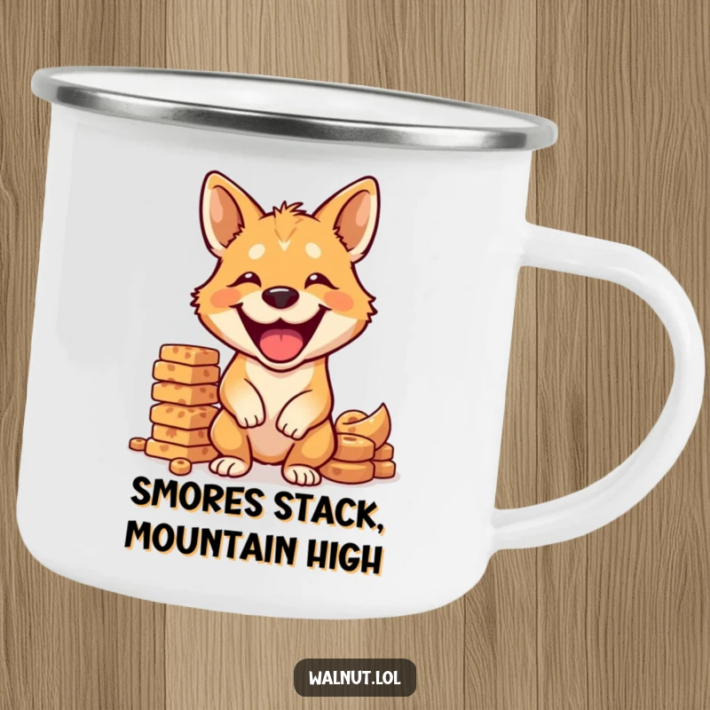 Funny dog camping mug showing a grinning wild dog balancing a stack of treats, perfect for outdoor enjoyment.