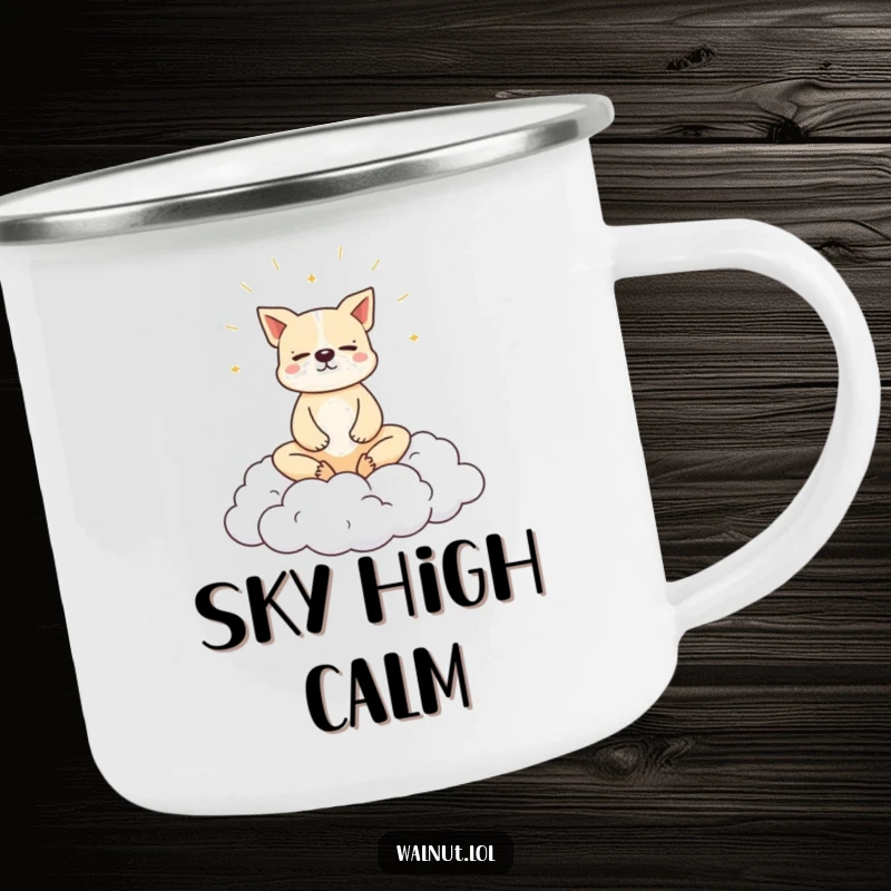 Funny dog camping mug with a dog meditating peacefully on a cloud, perfect for outdoor use.