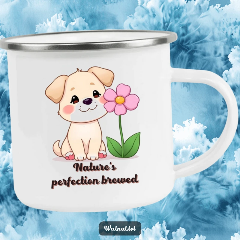 Funny enamel camping mug with a dog smiling at a flower, perfect for peaceful outdoor moments.