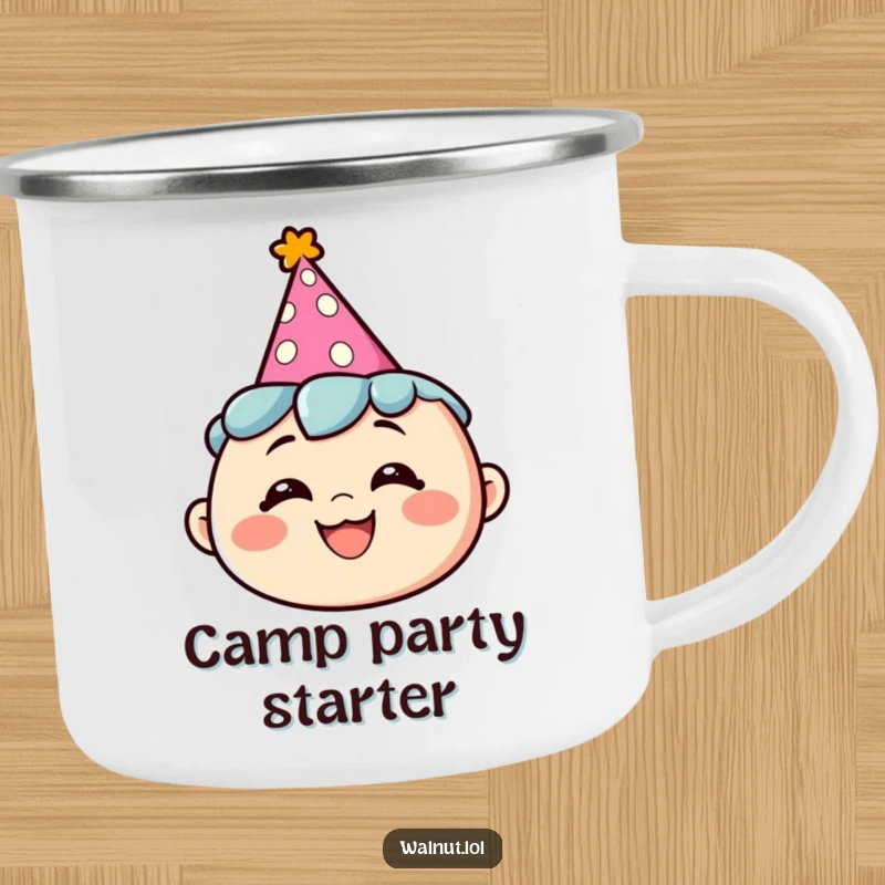 Funny enamel camping mug with a character wearing a party hat and a silly grin, ideal for outdoor celebrations.