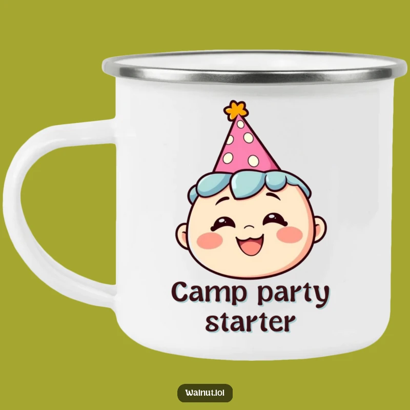 Funny Enamel Camp Mug: Party Character, Humorous Outdoor Celebration Gift