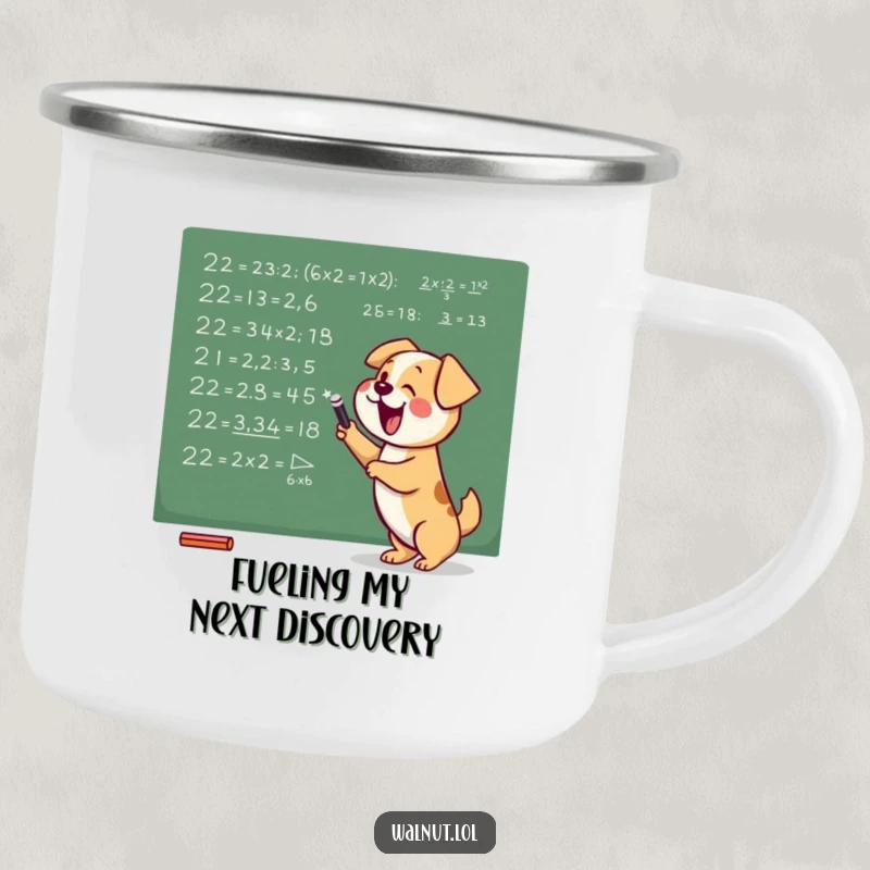 Funny camping mug featuring a dog scribbling complex math equations on a chalkboard, blending outdoor grit with academic humor.