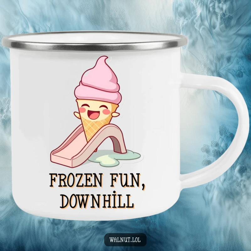 Funny camping mug with a laughing ice cream cone character melting on a slide, designed for outdoor enthusiasts who love humor.