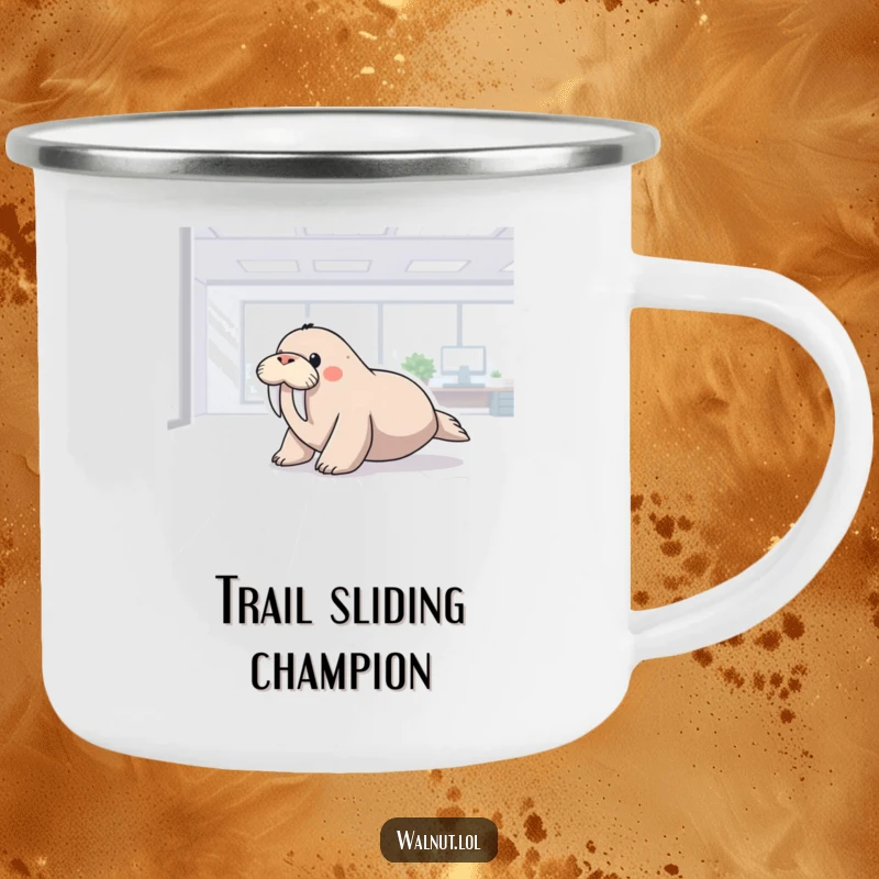 Funny camping mug depicting a walrus sliding across a polished office floor, combining outdoor utility with office-themed humor.