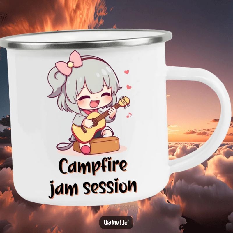Funny camping mug showcasing a character playing a small guitar around a campfire, perfect for outdoor enthusiasts and music lovers.