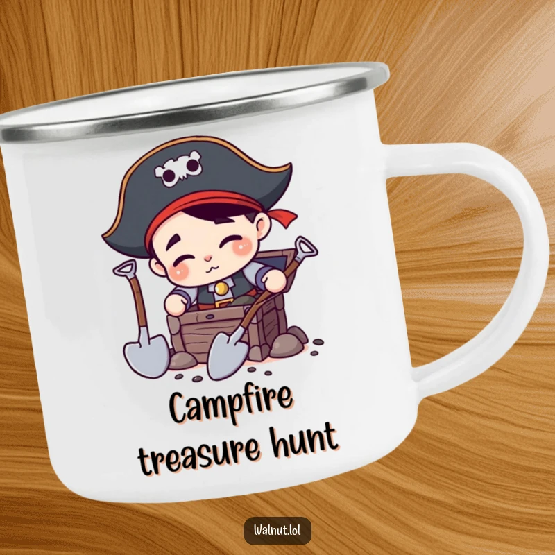 Funny Pirate Digging Camping Mug: Hardy pirate character digging with two shovels, built for rugged outdoor use and pirate-themed enjoyment.