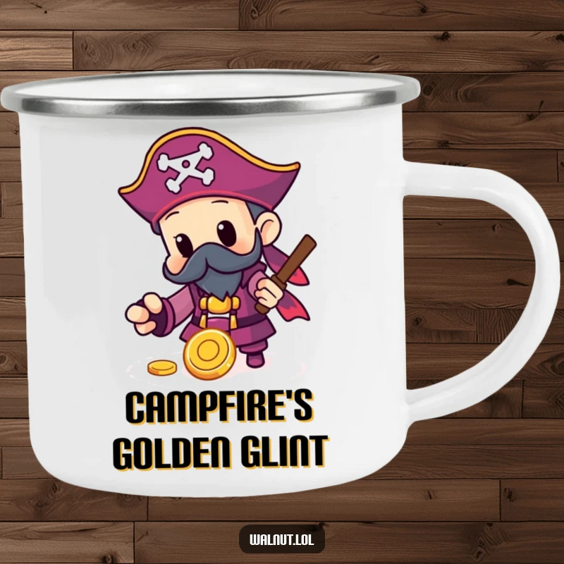 Funny Pirate Camping Mug with a character finding a shiny gold coin, perfect for outdoor adventures and treasure hunters.