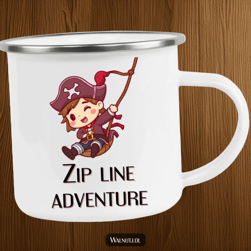 Funny Pirate Rope Slide Camping Mug: Dynamic pirate character sliding down a rope, perfect for outdoor fun and durable beverage enjoyment.