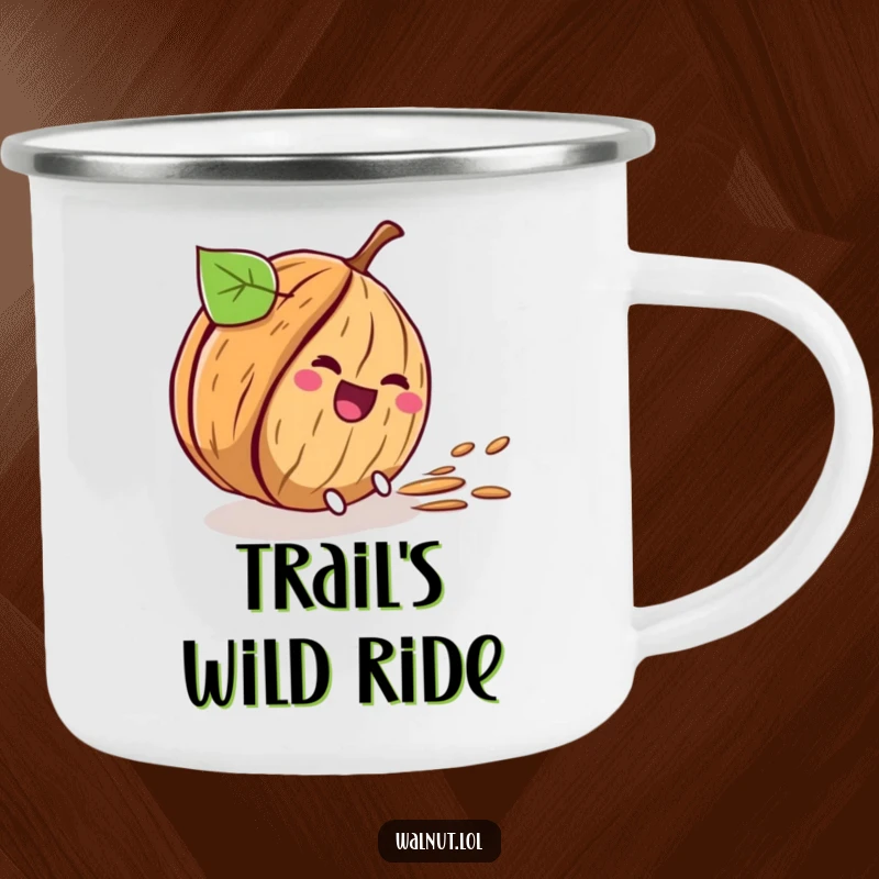 Funny enamel camping mug showing a walnut character comically rolling downhill, ideal for outdoor enthusiasts.