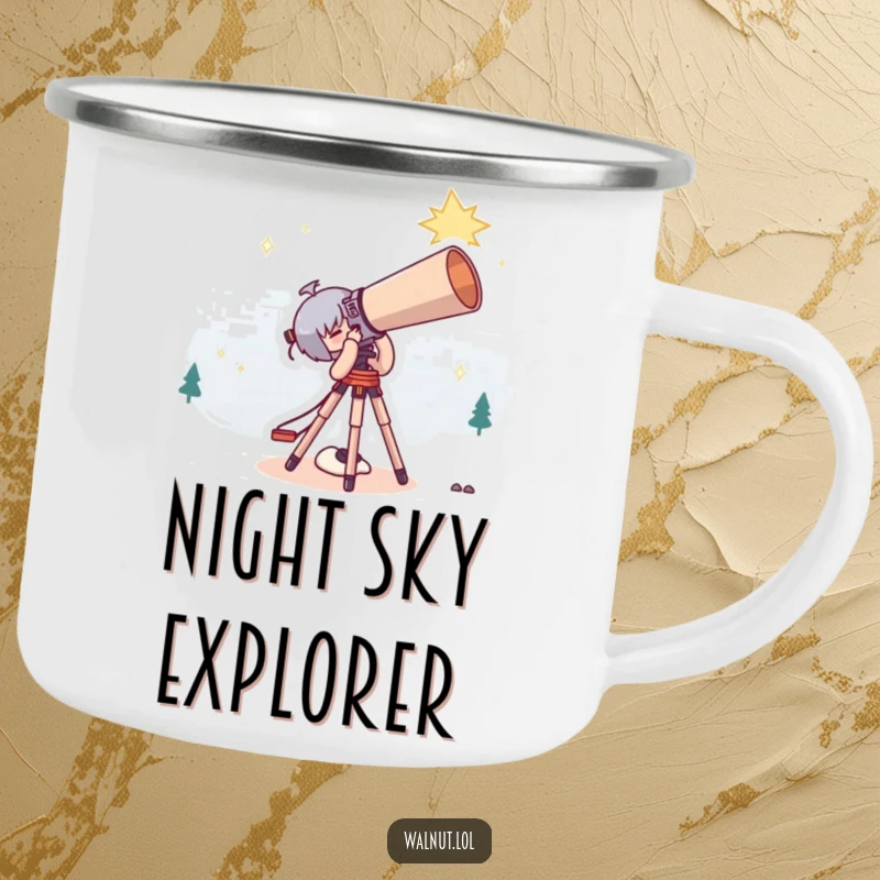 Funny Camping Mug featuring a cute character stargazing with a giant telescope, perfect for outdoor night sky enjoyment.