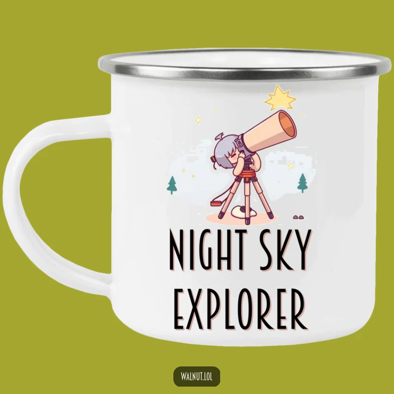 Funny Stargazer Camping Mug: Cute Character's Night Sky Adventure