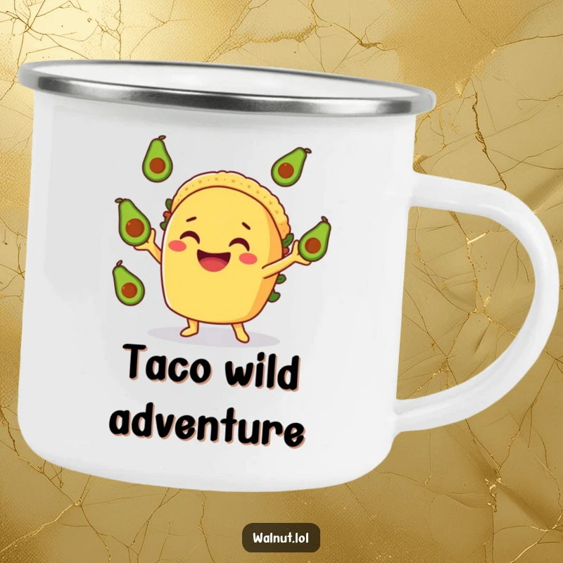 Funny Taco Camping Mug: A smiling taco character joyfully juggling avocados, bringing funny, festive food vibes to outdoor adventures.