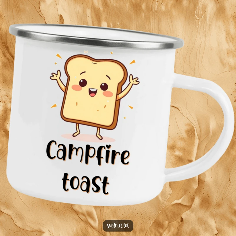 Funny Camping Mug: A happy piece of toast jigs energetically, bringing breakfast fun and humor to outdoor trips.