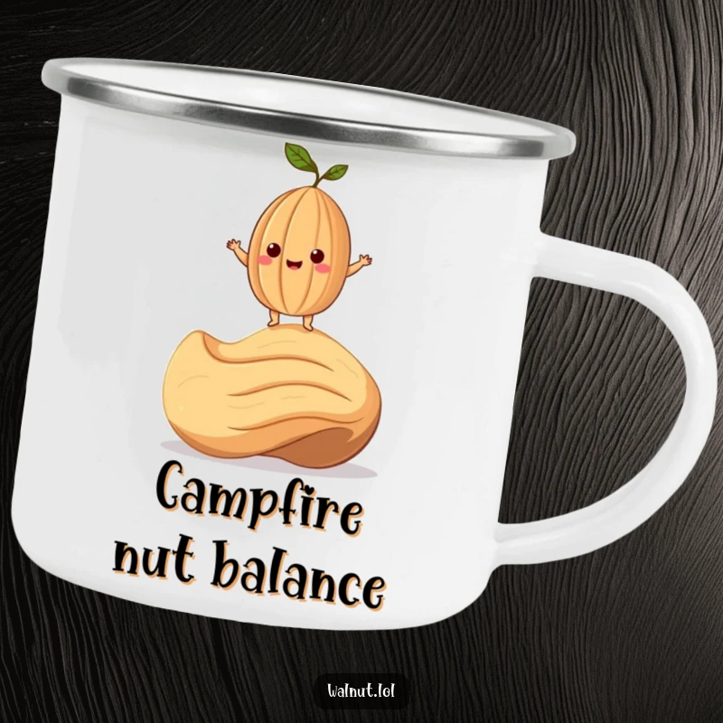 Funny Camping Mug featuring a smiling walnut character precariously balanced on a giant cashew, perfect for outdoor humor.