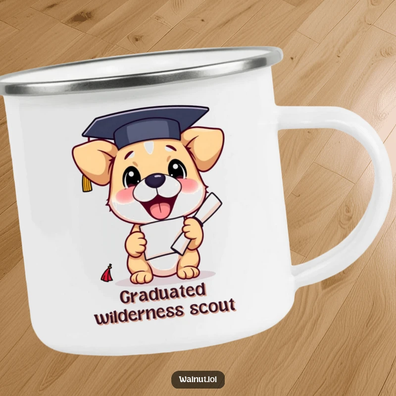 Funny graduation dog camping mug featuring a proud dog with a diploma, ready for outdoor celebrations and brews.