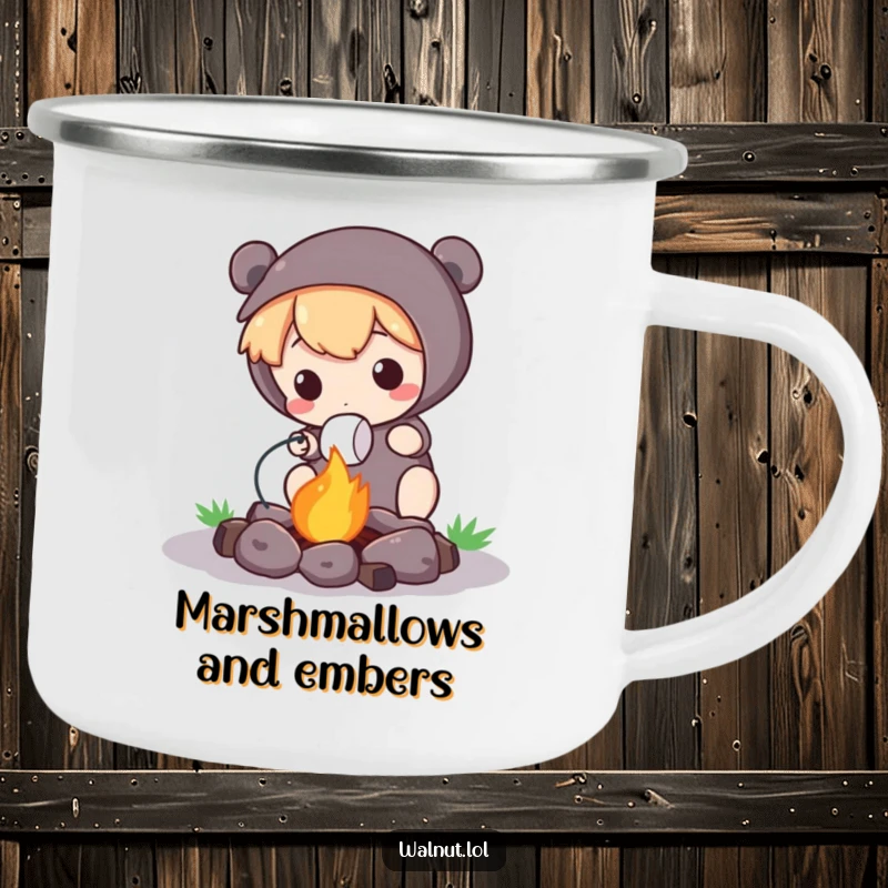 Funny Camping Mug featuring a cute character roasting a marshmallow over a tiny campfire, perfect for outdoor enjoyment.