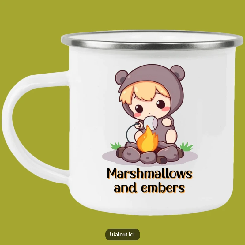 Funny Campfire Mug: Cute Character's Marshmallow Roasting Adventure