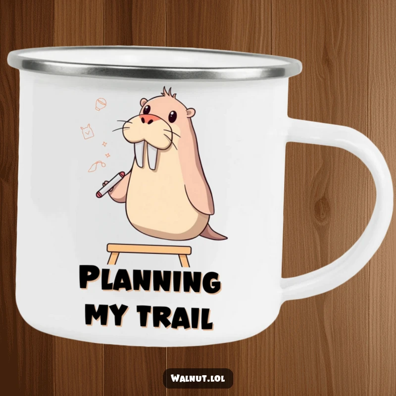 Funny walrus character holding a camping mug and sketching ideas on a whiteboard, enjoying the outdoors.