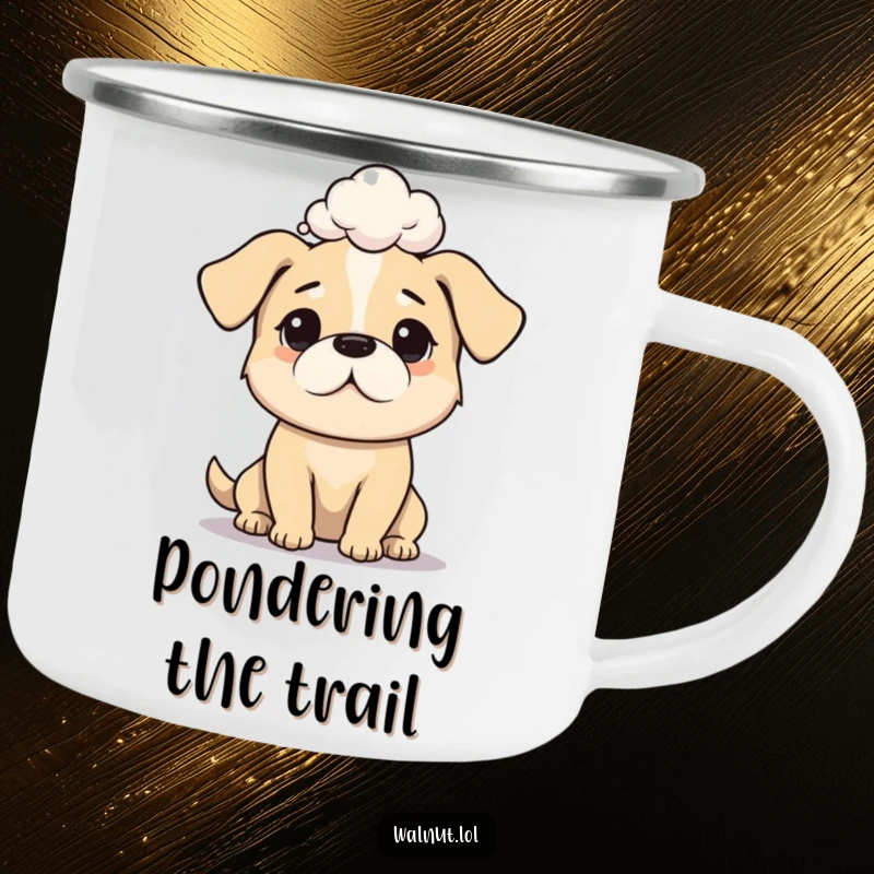 Funny dog camping mug showcasing a dog deep in profound thought, ideal for outdoor use.