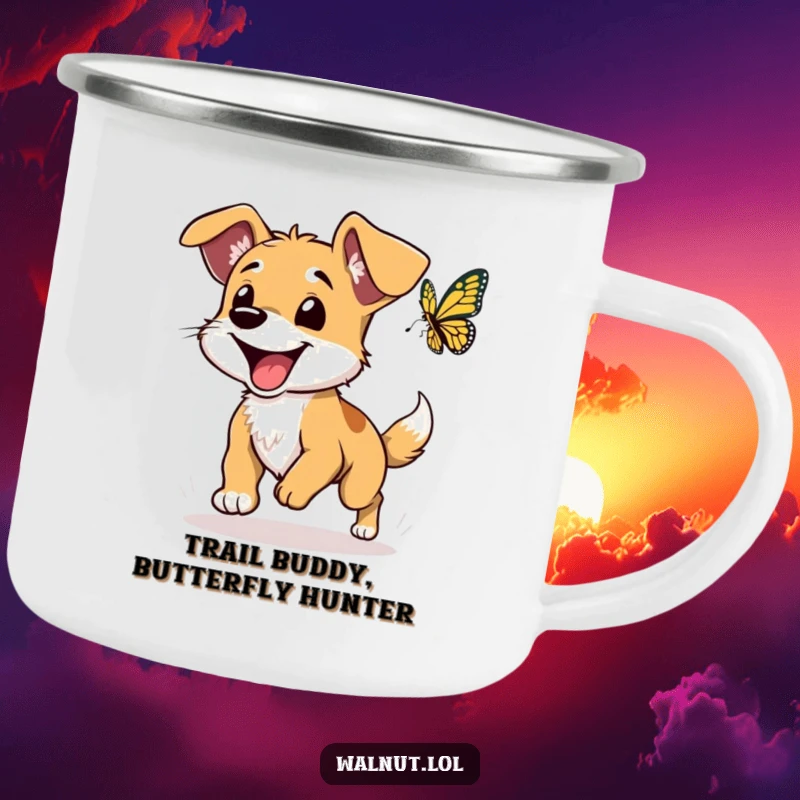 Funny dog camping mug showing a happy wild dog with floppy ears chasing a butterfly, perfect for outdoor use.