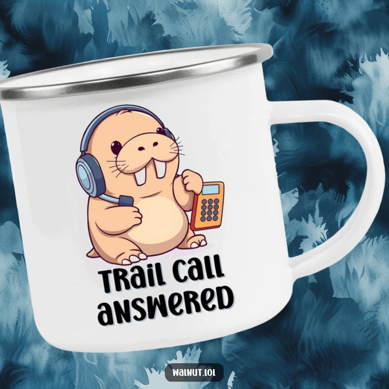 Funny camping mug depicting a walrus in a headset answering a phone, combining outdoor utility with office-themed humor.