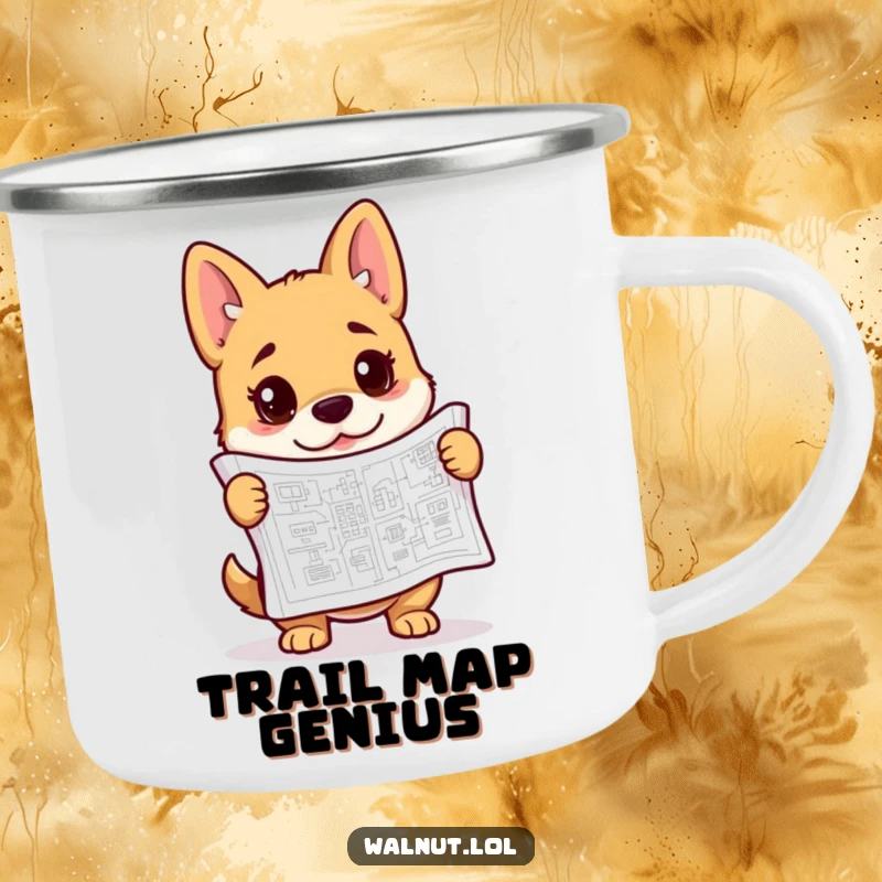 Funny blueprint dog camping mug showing a dog studying intricate plans, perfect for outdoor brainstorming and hot beverages.