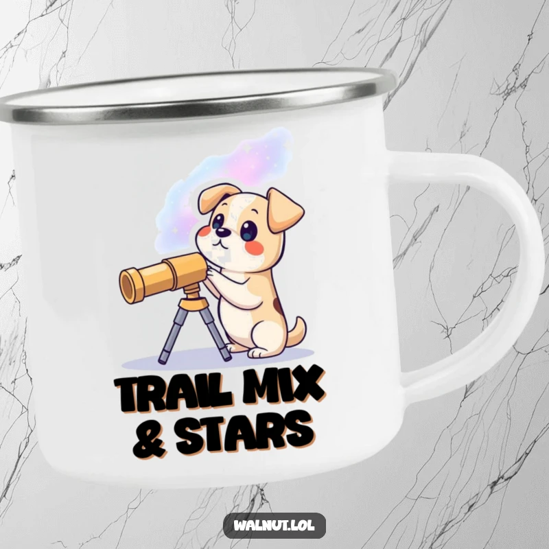 Funny camping mug of a dog with a telescope looking at stars, ready for outdoor adventures and cosmic journeys.