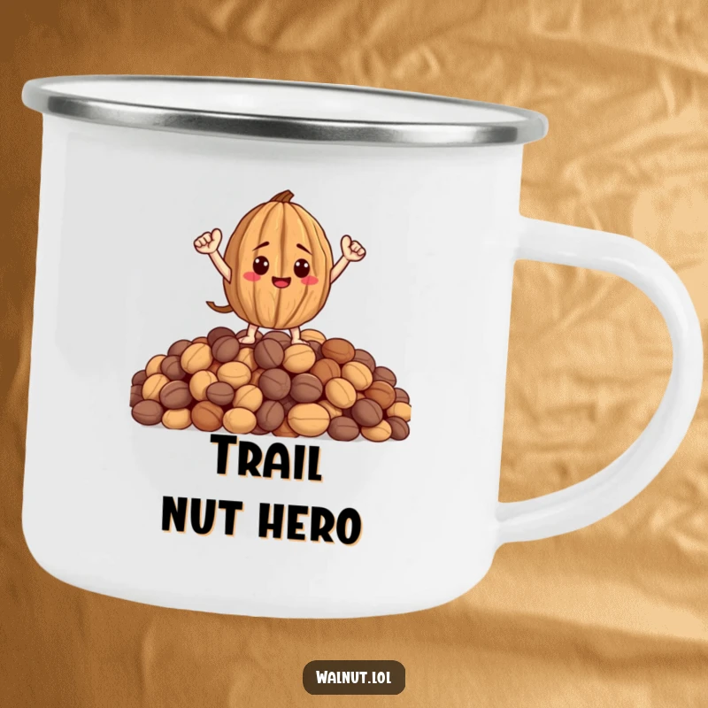 Funny enamel camping mug featuring a heroic walnut on a pile of nuts, ready for outdoor adventures and coffee.