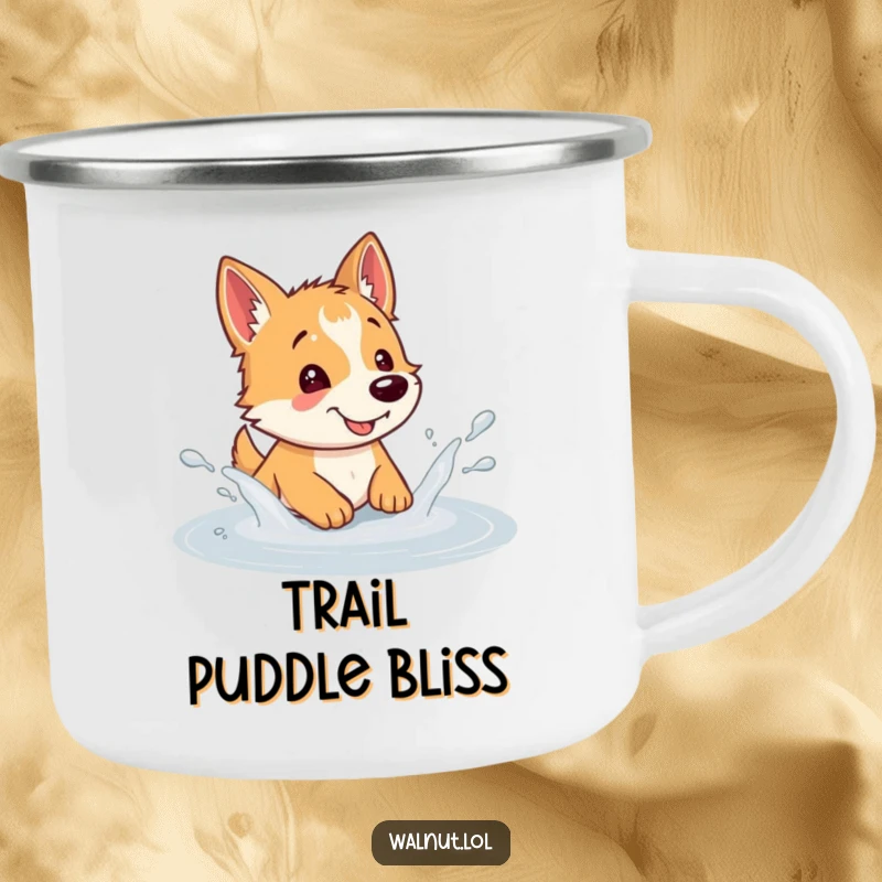 Funny dog camping mug showing a wild dog gleefully splashing in a puddle, perfect for adding humor to outdoor trips.