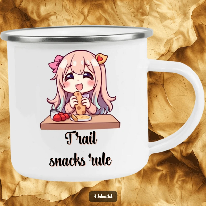 Funny camping mug showing a character gleefully enjoying an outdoor snack. Durable and humorous for any adventure.