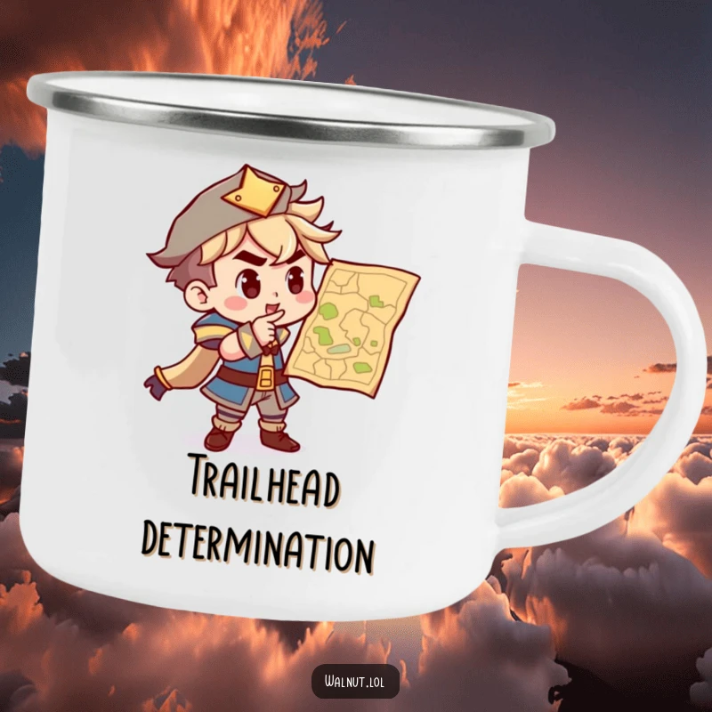 Funny camping mug with a determined character pointing at a map, perfect for outdoor enthusiasts planning their next expedition.