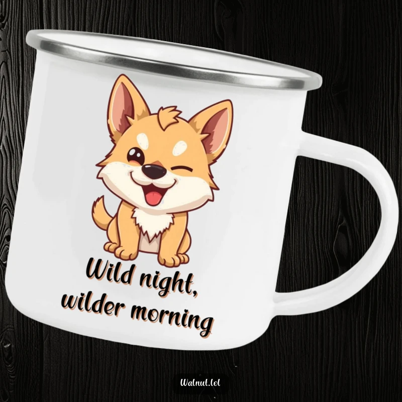 Funny Camping Mug with a resilient wild dog character giving a mischievous wink. Humorous and practical for any outdoor excursion.