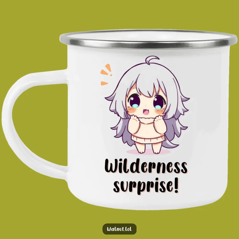 Funny Enamel Camp Mug: Surprise Pose Character, Humorous Outdoor Gift