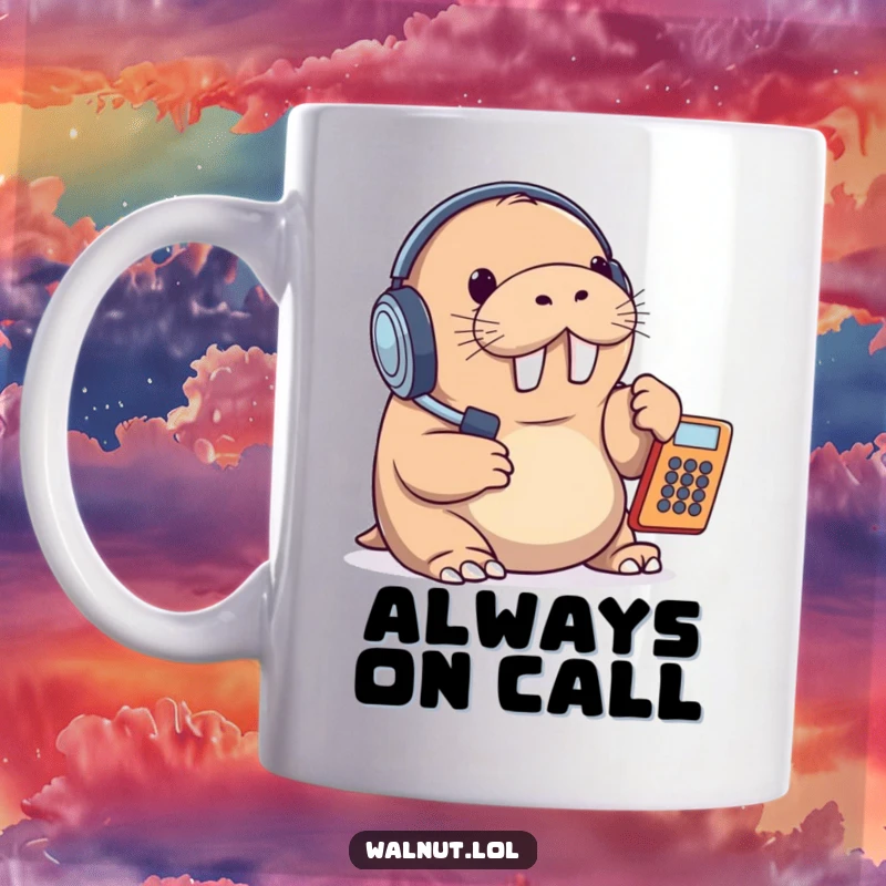 Funny mug showing a walrus wearing a headset, attentively answering a ringing phone, embodying dedicated customer service with humor.