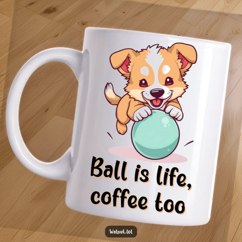 Funny dog mug showing a wild dog playfully leaping to pounce on a red bouncing ball mid-air.