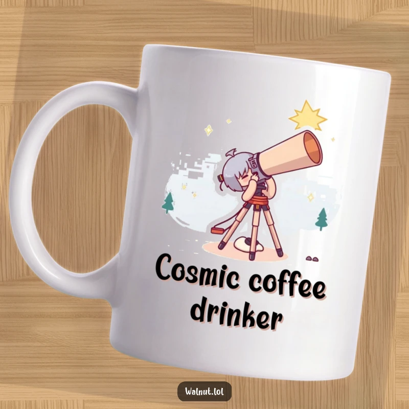 Funny Mug showing a cute character gazing at stars through a comically oversized telescope, radiating wonder.