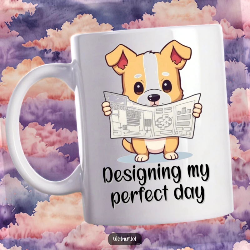 Funny mug showcasing a dog holding a complex blueprint with a curious and slightly confused expression, hinting at architectural humor.